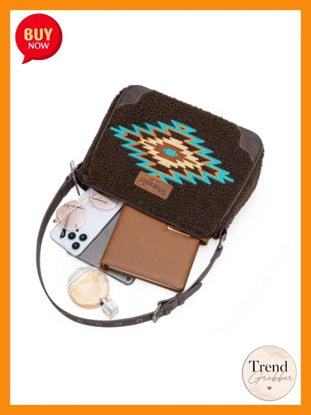 Embroidered Aztec Shoulder Bag with Faux Leather and Sherpa Trim